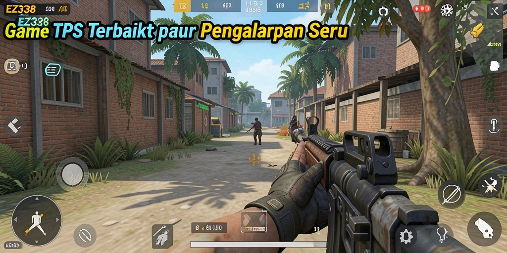 Screenshot EZ338 menampilkan aksi pertempuran intens di arena TPS.
