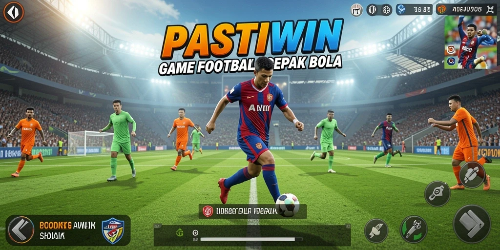 Tampilan gameplay seru dalam PASTIWIN yang menggambarkan aksi sepak bola.